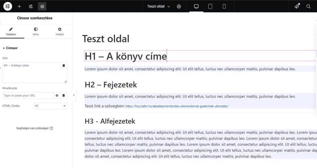 képernyőkép a címsorok beállításának lehetőségéről