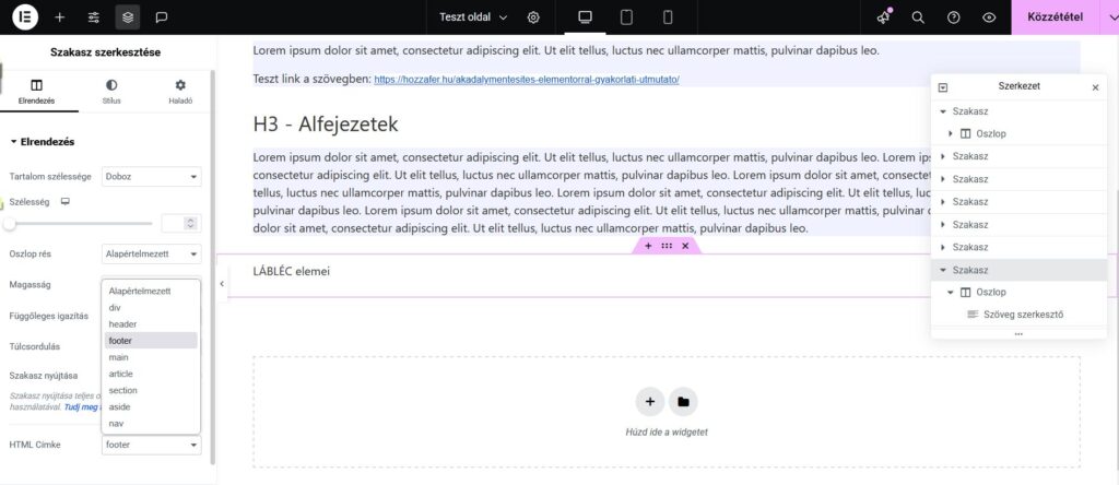 képernyőkép a HTML címke footer-re állításának lehetőségéről
