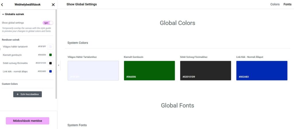 képernyőkép a globális színek megadásának lehetőségeiről