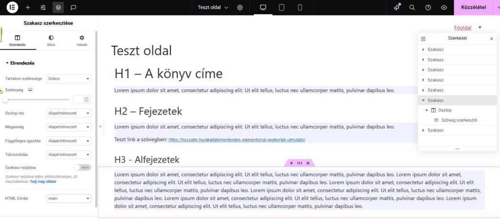 Képernyőkép a haladó beállítások alatt HTML címke main-re állításáról
