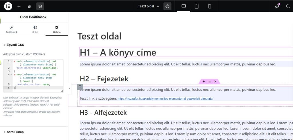 képernyőkép a linkek aláhúzásának beállításáról egyedi CSS segítségével