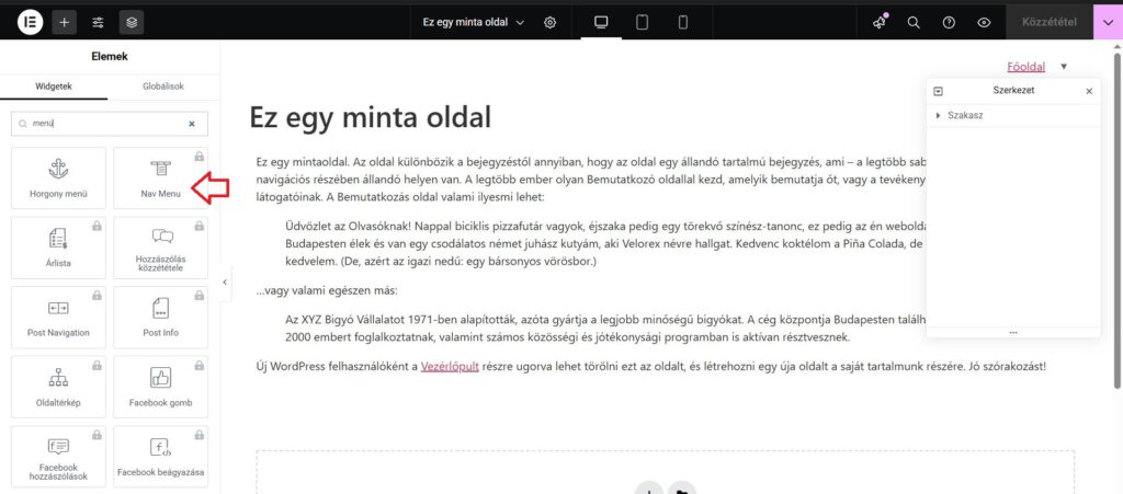 képernyőkép az új Elementor menü widgetről