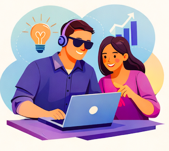 Látássérült férfi és látó nő közösen dolgozik egy laptopon, irodai környezetben