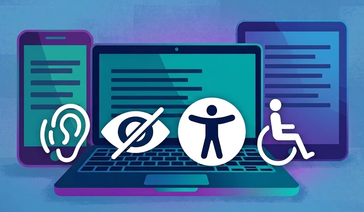 Informatikai eszközök: laptop, mobiltelefon és tablet, előttük univerzális akadálymentességi szimbólumokkal